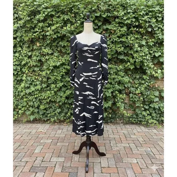 NWT Reformation Wallflower Midi in Mustang Black Ivory Slit Crepe Dress 6 $248